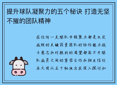 提升球队凝聚力的五个秘诀 打造无坚不摧的团队精神