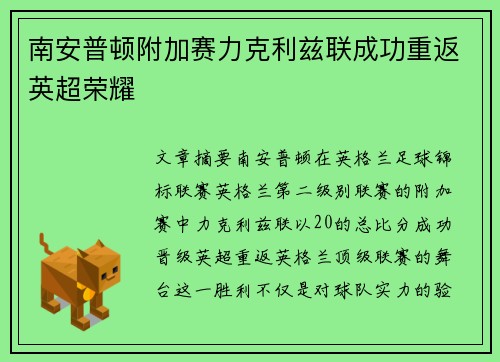 南安普顿附加赛力克利兹联成功重返英超荣耀